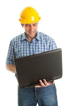 Confident worker wearing hard hat and using laptop. Isolated on white