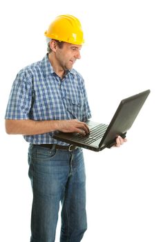 Confident worker wearing hard hat and using laptop. Isolated on white
