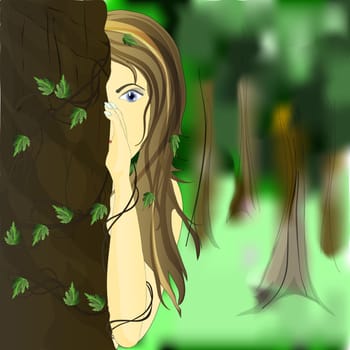fairy nymph, who lives in the woods, hiding from people