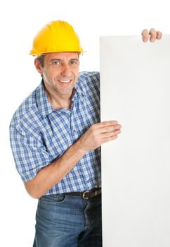 Confident worker presenting empty board. Isolated on white