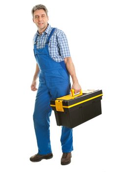 Confident service man standing with toolbox. Isolated on white