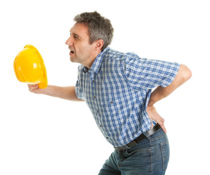 Worker suffering from pain in the back. Isolated on white