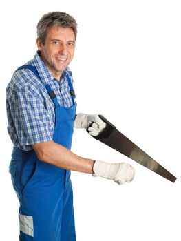 Confident service man cutting wit saw. Isolated on white