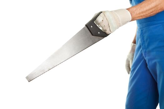 Close-up of worker cutting with saw. Isolated on white