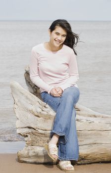 Beautiful biracial teen girl sitting on fallen log by lake shore in summer