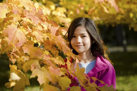 Little biracial asian girl standing amongst bright autumn leaves