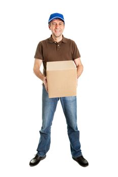 Delivery man holding package box. Isolated on white