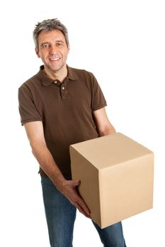 Delivery man holding package box. Isolated on white