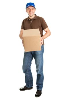 Delivery man holding package box. Isolated on white