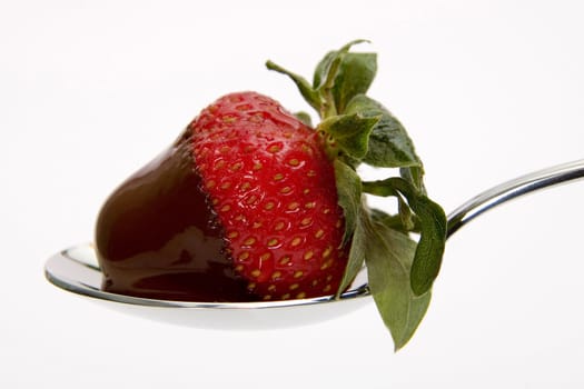 Strawberry covered with chocolate in silver spoon.
