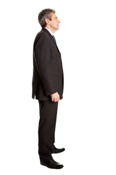 Senior business man waiting in queue. Isolated on white