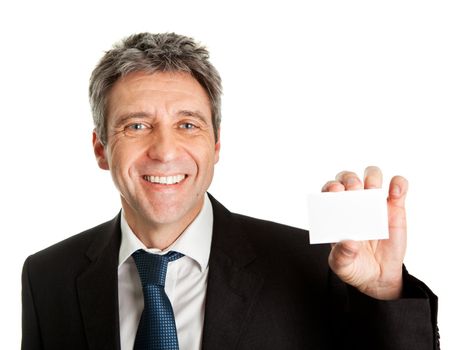 Businessman holding blank card. Isolated on white