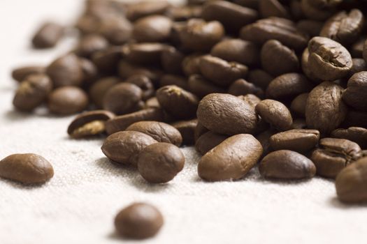Roasted coffee beans on jute sacking