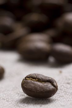Roasted coffee beans on jute sacking