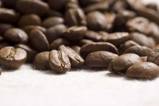 Roasted coffee beans on jute sacking