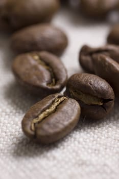 Roasted coffee beans on jute sacking