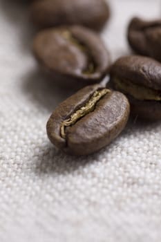 Roasted coffee beans on jute sacking