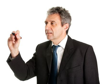 Businessman wring a sketch using marker. Isolated on white