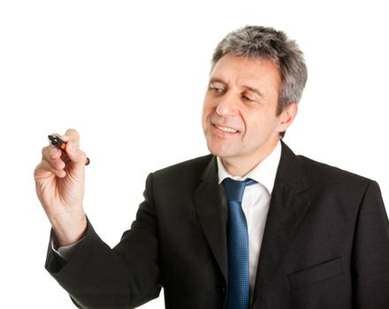 Businessman wring a sketch using marker. Isolated on white