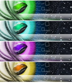 Four technologic banners or backgrounds with astral space, mouse, stars and binary code