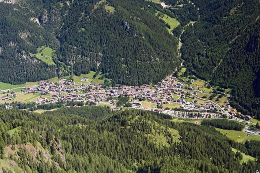Aerial view of Canazei a famous small town in val di  Fassa, Trentino, Italy