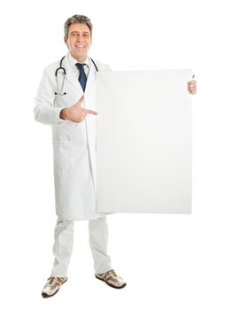 Smiling senior medical doctor presenting empty board. Isolated on white