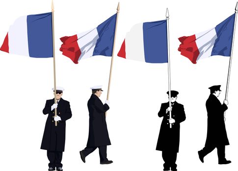 Vector illustration of french guard of honour with flag at Military parade