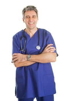 Self-assured doctor with stethoscope. Isolated on white