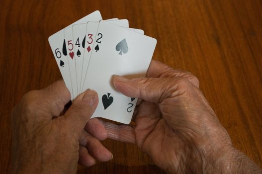 elderly hands holding a bad losing hand of playing cards