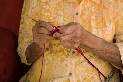 elderly caucasian woman knitting with burgandy wool yarn