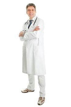 Smiling medical doctor man with stethoscope. Isolated on white