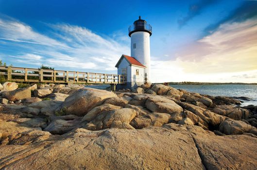 Lighthouse at sunset off Annisquam, Massachusetts