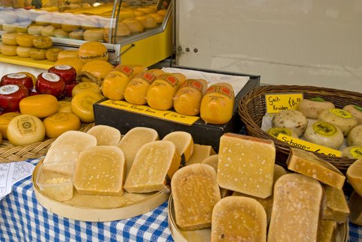 Variety of cheese on a marktplace in the Netherlands