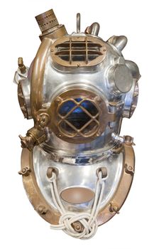 Diving helmet in brass and steel for deep sea diving, isolated with clipping path