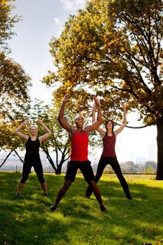 A group of people doing jumping jacks in the park