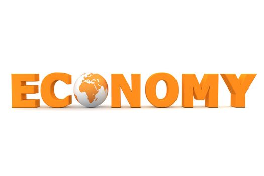 orange word Economy with 3D globe replacing letter O