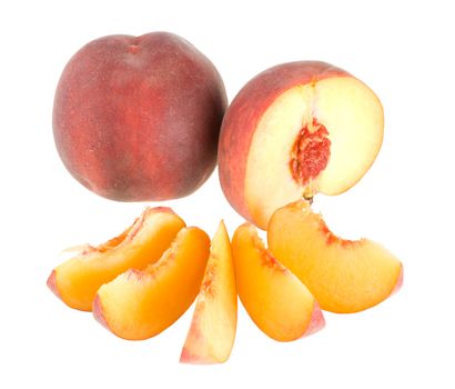 ripe peaches with slices, isolated on white