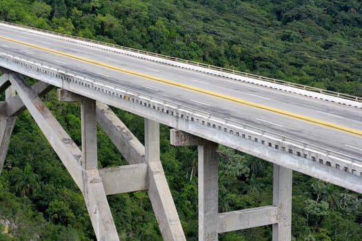 Tall bridge crossing a green tropical valley