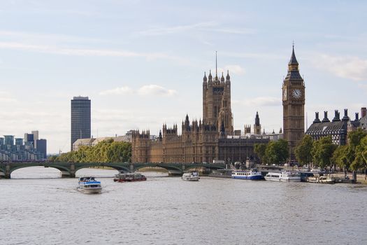 The Big Ben and Westminster bridge in London in a beautiful day