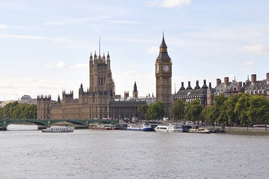 The Big Ben and Westminster bridge in London in a beautiful day