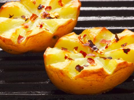 close up of baked potatoes