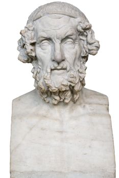 White marble statue of the greek poet Homer depicting him as a blind old man