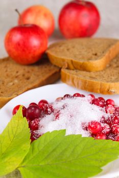 Cowberry sprinkled with sugar against red apples and bread removed close up