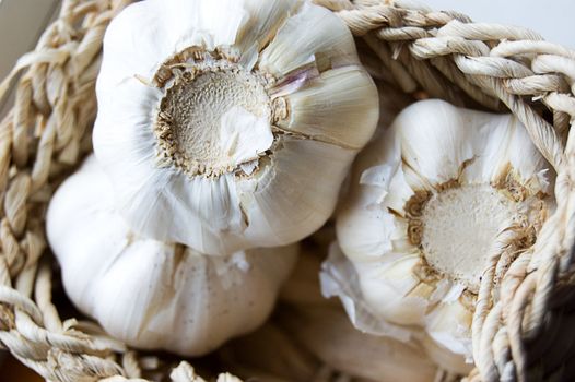 Some white garlic bulbs in basket