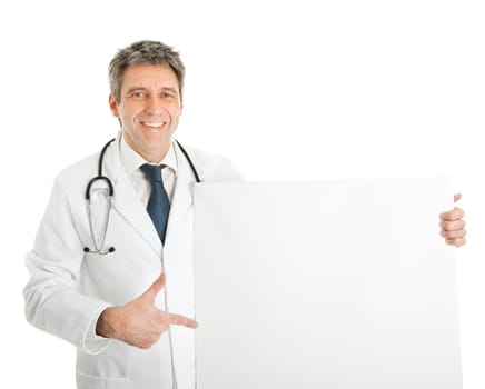 Smiling senior medical doctor presenting empty board. Isolated on white