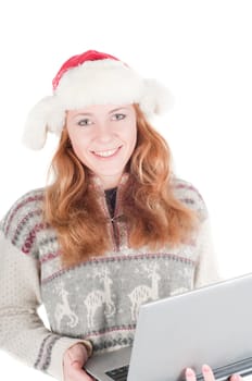 Woman with notebook in red santa hat