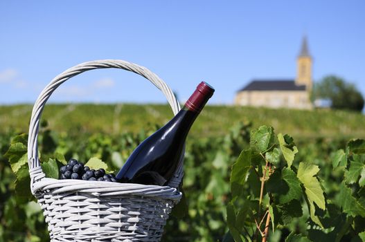 Bottle of red wine in a basket of reasons near a typical church
