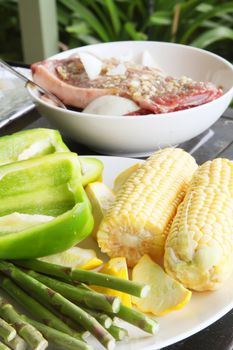 Outdoor Barbecue With Some Vegetables and Meat