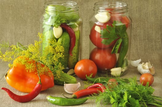 Vegetables in glass jars for preservation
