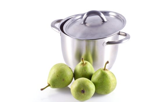 Pan and pears isolated on a white background.